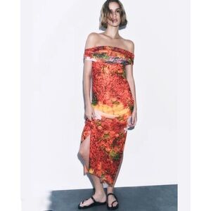 Zara colorful mesh fruit off shoulder midi dress NEW